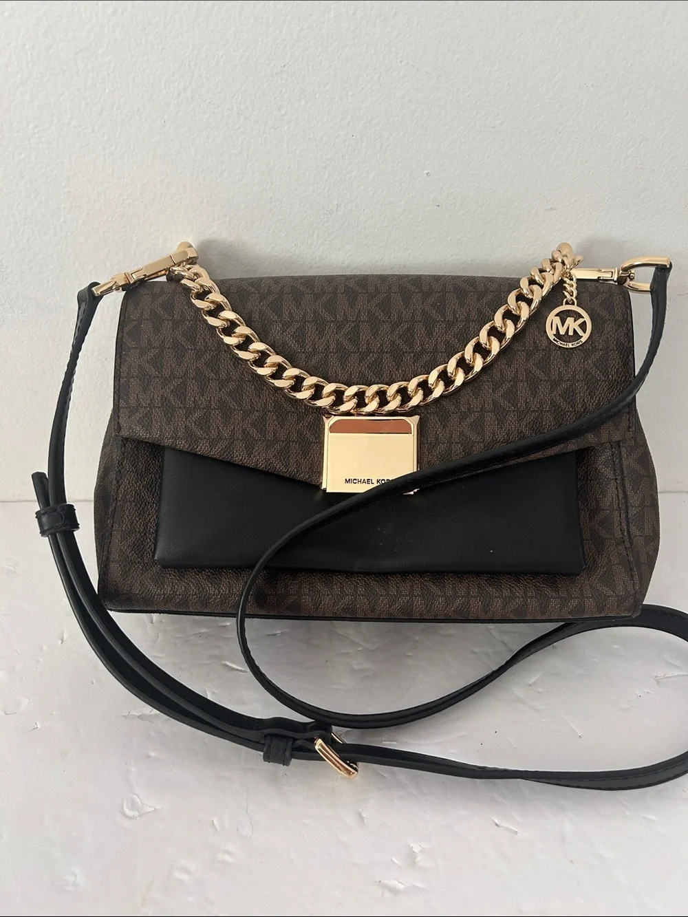 Michael Kors Lita Brown and Black Logo Crossbody with handle Gold Chain